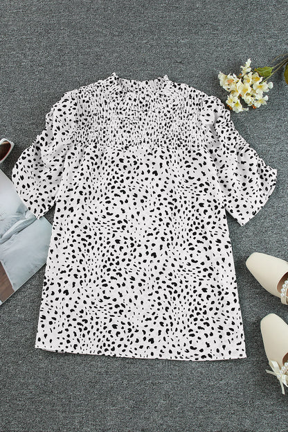 Printed Smocked Mock Neck Blouse